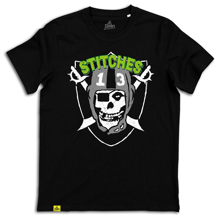 13Stitches Clothing, skull, Totenkopf, Raiders, Misfits, NFL, football, superbowl, schwarzes T-Shirt, black tshirt, schwarz, Tee, shirt, tattoo design, tattoo clothing, tattoo apparel, tattoo motiv, tätowierung, streetwear, unisex, boys, girls, Damen, Herren, Frauen, Maenner, Fairwear, Bio Baumwolle, vegan, tattoo fashion germany, fashion brand, independent label, Klamotten Marke, alternative fashion