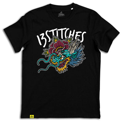 13Stitches Clothing, dragon design, drachen motiv, schwarzes T-Shirt, black tshirt, schwarz, Tee, shirt, tattoo design, tattoo clothing, tattoo apparel, tattoo motiv, tätowierung, streetwear, unisex, boys, girls, Damen, Herren, Frauen, Maenner, Fairwear, Bio Baumwolle, vegan, tattoo fashion germany, fashion brand, independent label, Klamotten Marke, alternative fashion