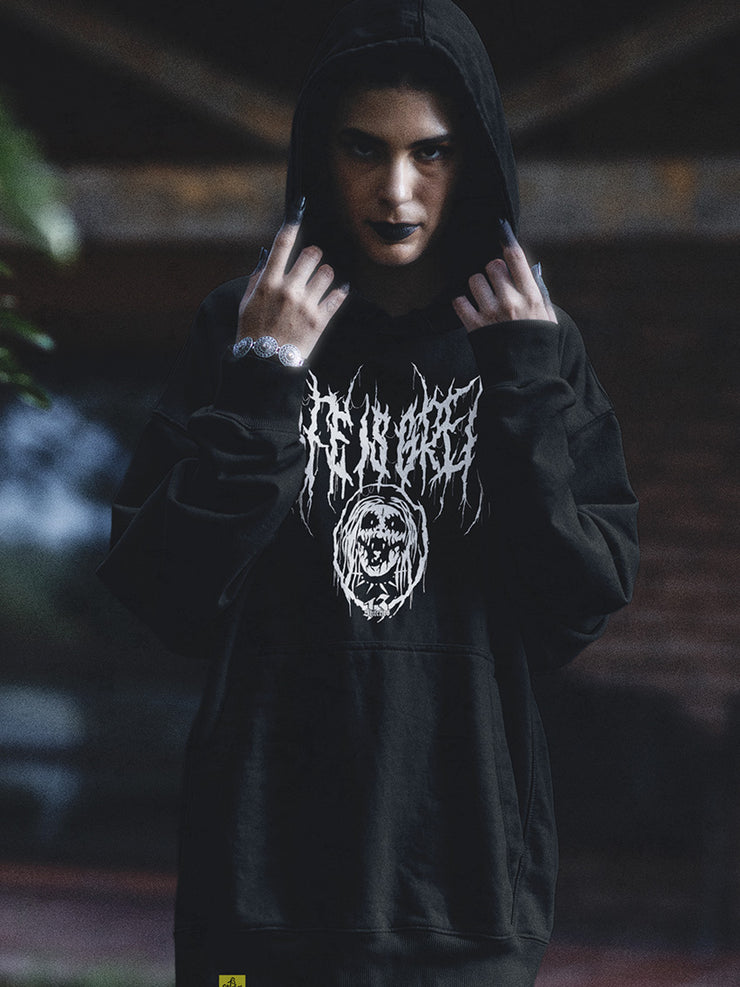 13stitches clothing, tattooed guy with black hoodie and death metal design life is great