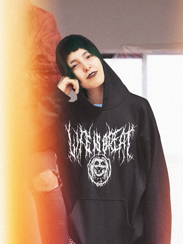13stitches clothing, tattooed girl with black hoodie and death metal design life is great
