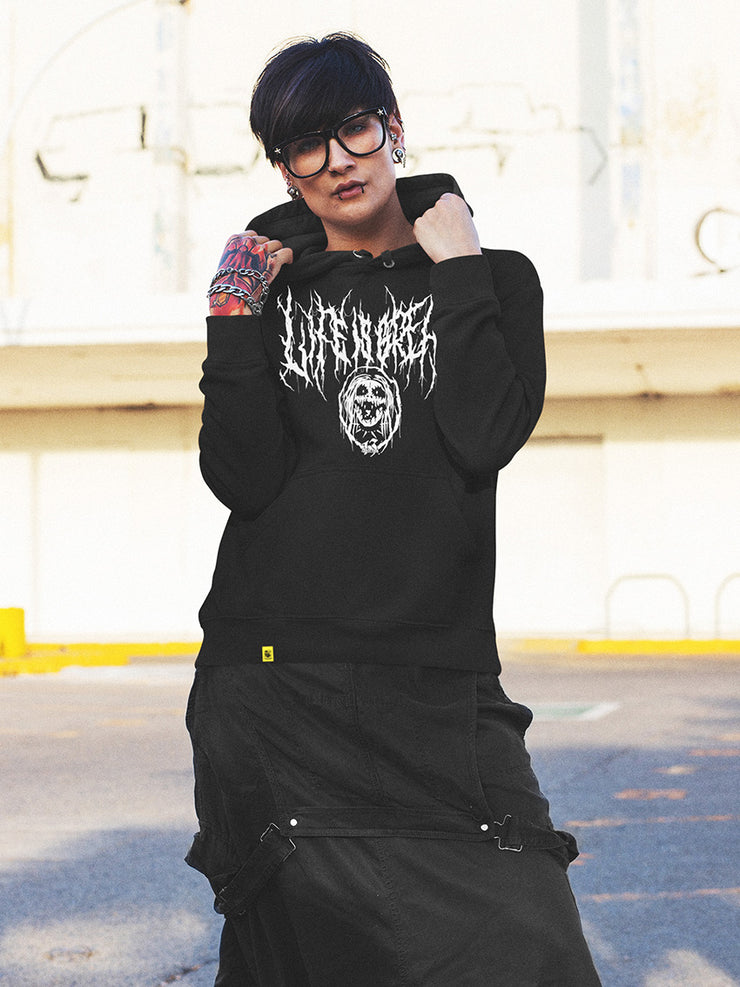 13stitches clothing, tattooed girl with black hoodie and death metal design life is great