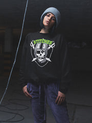 13stitches girl wearing streetwear pullover with skull design, misfits, raiders, nfl, tattoo