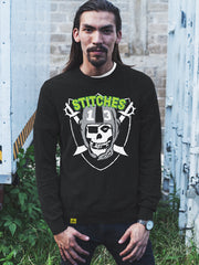 13 stitches tattoo boy wearing streetwear sweatshirt with skull design, misfits, raiders, nfl, tattoo