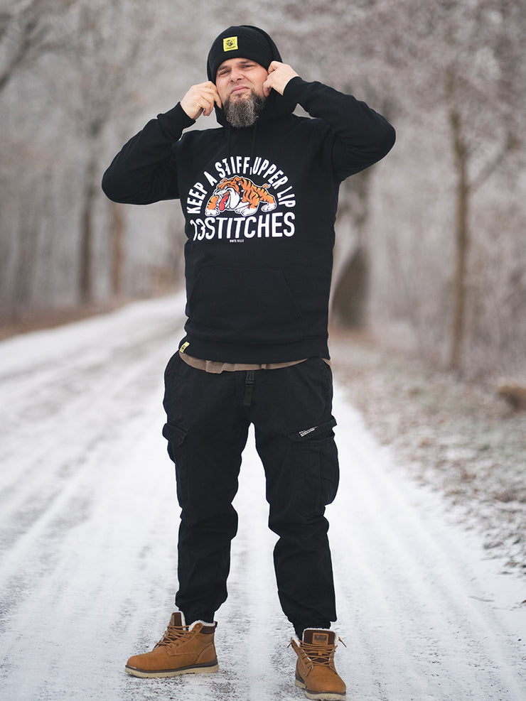 13stitches tattooed boy wearing a black unisex hoodie with tattoo design of a bulldog