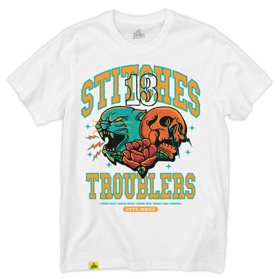 13Stitches Clothing, troublers, panter, skull, weißes T-Shirt, white tshirt, weiß, Tee, shirt, tattoo design, tattoo clothing, tattoo apparel, tattoo motiv, tätowierung, streetwear, unisex, boys, girls, Damen, Herren, Frauen, Maenner, Fairwear, Bio Baumwolle, vegan, tattoo fashion germany, fashion brand, independent label, Klamotten Marke, alternative fashion