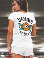 13stitches tattooed woman wearing white girlie shirt with flower design on her back tattoo fashion apparell streetwear