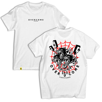 13Stitches Clothing, overcome, panter, spiderweb, weißes T-Shirt, white tshirt, weiß, Tee, shirt, tattoo design, tattoo clothing, tattoo apparel, tattoo motiv, tätowierung, streetwear, unisex, boys, girls, Damen, Herren, Frauen, Maenner, Fairwear, Bio Baumwolle, vegan, tattoo fashion germany, fashion brand, independent label, Klamotten Marke, alternative fashion