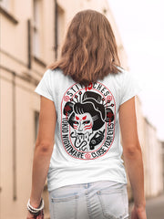 13Stitches Clothing, tokio nightmare, geisha, tattooed female wearing white tshirt with tattoo design of geisha, taetowierte frau traegt weisses t-shirt mit tattoo motiv von geisha