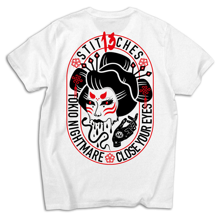 13Stitches Clothing, tokio nightmare, geisha, horror, weißes T-Shirt, white tshirt, weiß, Tee, shirt, tattoo design, tattoo clothing, tattoo apparel, tattoo motiv, tätowierung, streetwear, unisex, boys, girls, Damen, Herren, Frauen, Maenner, Fairwear, Bio Baumwolle, vegan, tattoo fashion germany, fashion brand, independent label, Klamotten Marke, alternative fashion, ruecken, back