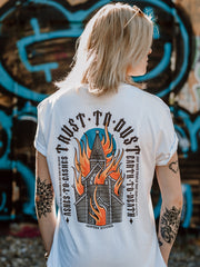 13Stitches Clothing, trust to dust, fire, feuer, tattooed woman wearing white tshirt with tattoo design of fire, tattoo model trägt weisses t-shirt mit tattoo motiv von feuer