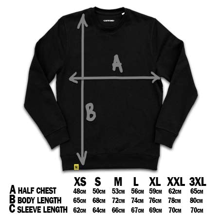 13stitches, size chart, schwarzer pullover black sweatshirt